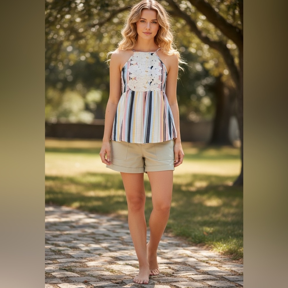 Lightweight Cotton Linen Blend Striped Flowy Sleeveless Tank Medium